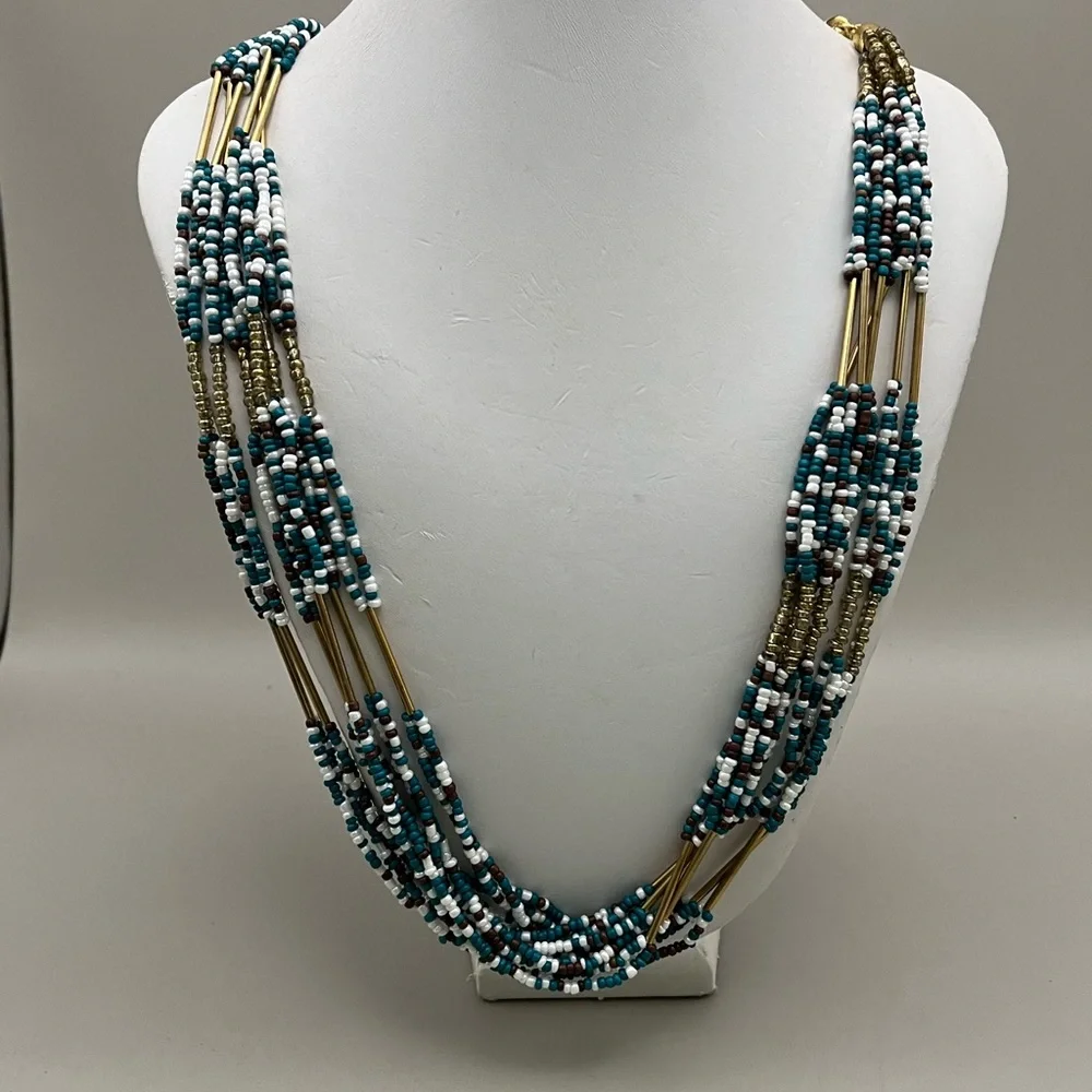 Blue and White and Burgundy Multi-Strand Necklace with Layered Design